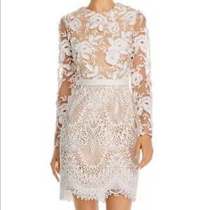 Monique Lhuillier White Floral Long Sleeve Lace Dress